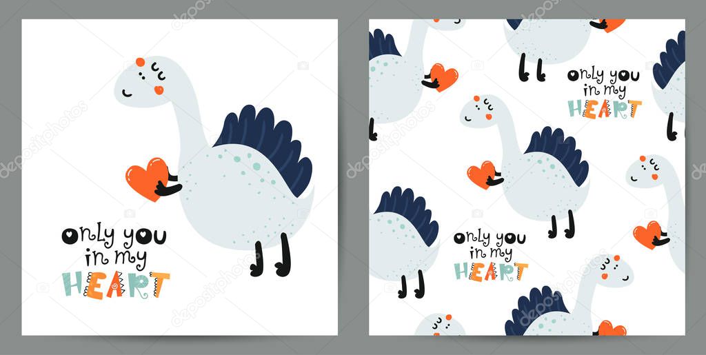 Set of cute poster and seamless pattern with dinosaurs