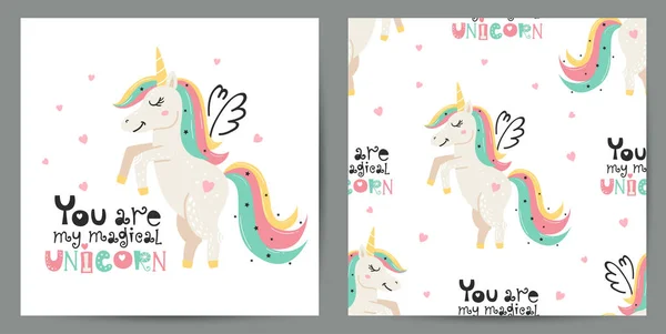 Conjunto de cartel lindo y patrón sin costuras con unicornios mágicos — Vector de stock