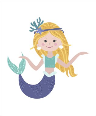 Beyaz arka planda tatlı, izole bir deniz kızı..