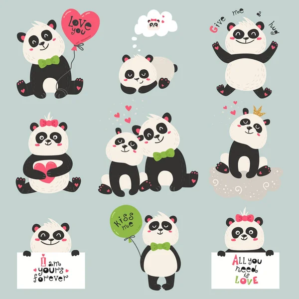 Conjunto de ursos panda bonitos — Vetor de Stock