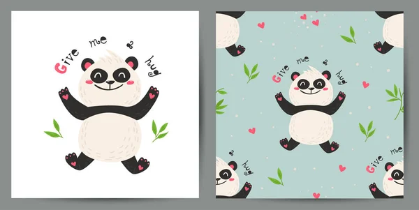 Conjunto de cartel lindo y patrón sin costuras con pandas . — Vector de stock