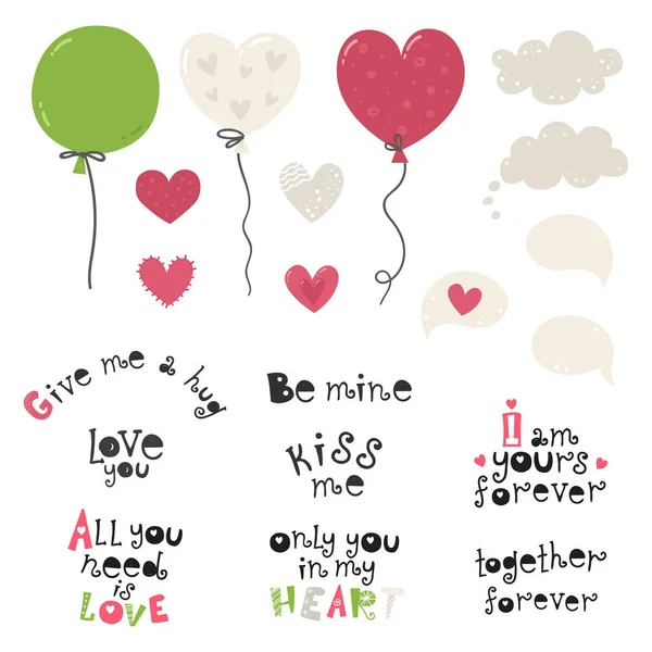 Conjunto com balões, corações e frases de amor lettering — Vetor de Stock