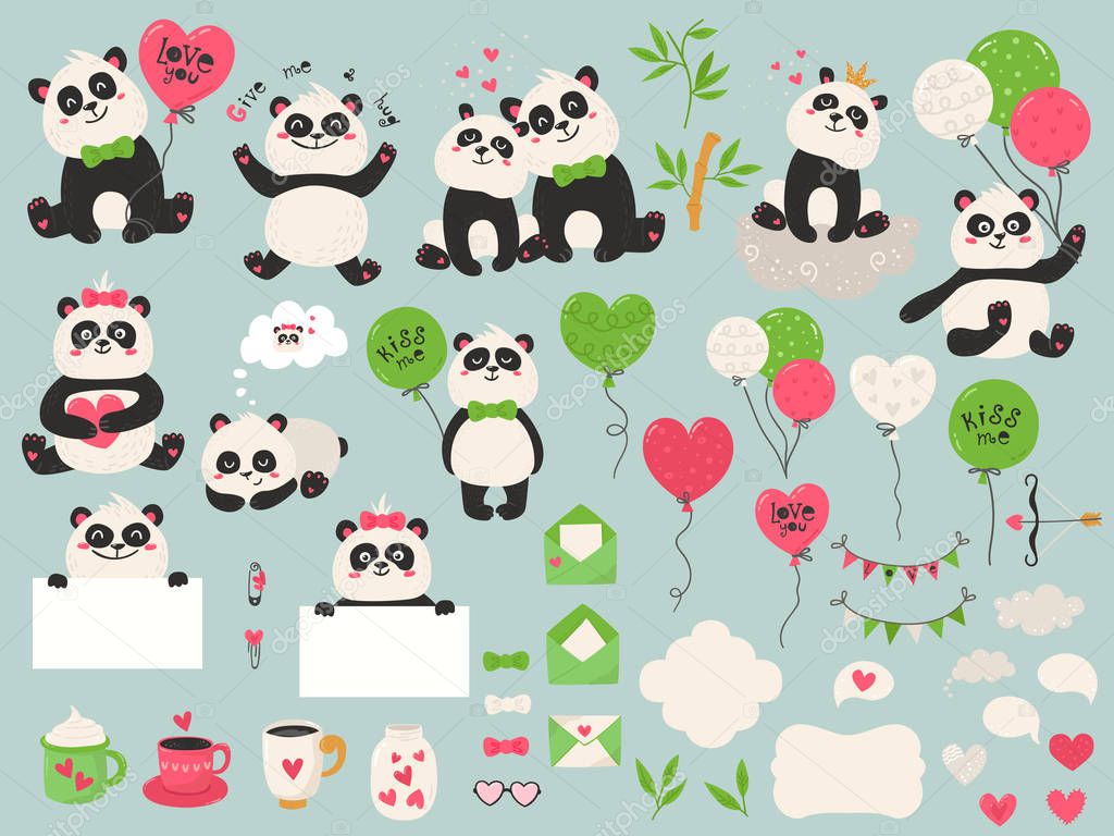Big set with cute panda bears, balloons and other items