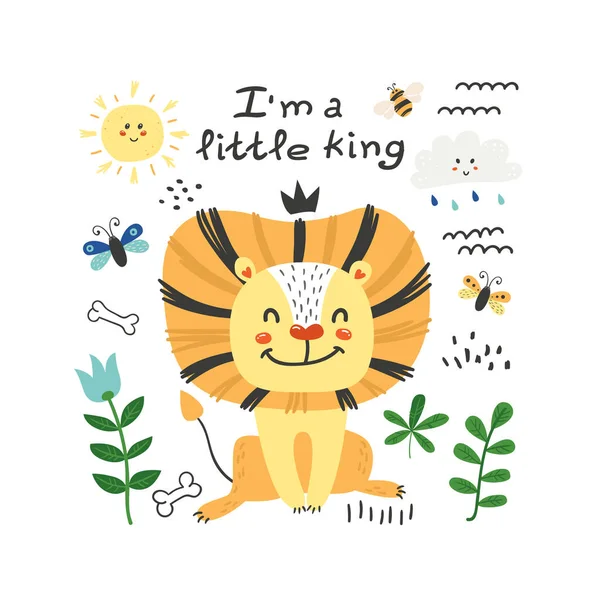 Jolie Affiche Avec Lion Drôle Personnage Pour Les Enfants Elément — Image vectorielle