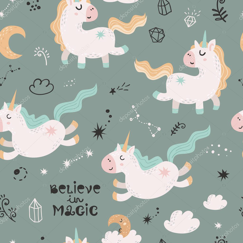 Seamless pattern with magic unicorns. Cartoon design for birthday invitation, poster, clothing, nursery wall art and card.