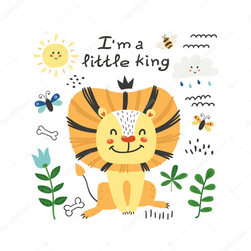 Cute poster with lion. Funny character for kids. Isolated element for stickers, cards, invites and posters