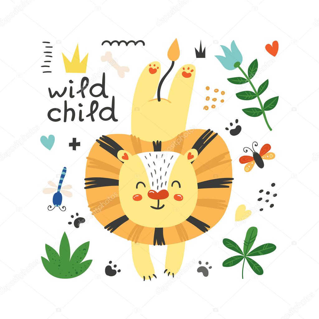 Cute poster with lion. Funny character for kids. Isolated element for stickers, cards, invites and posters Funny character for kids. Isolated element for stickers, cards, invites and posters