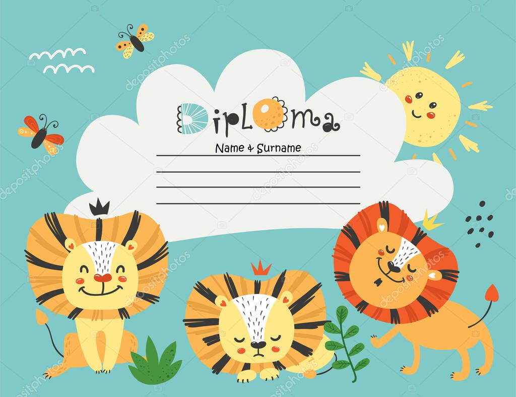 Diploma template with lions for kids
