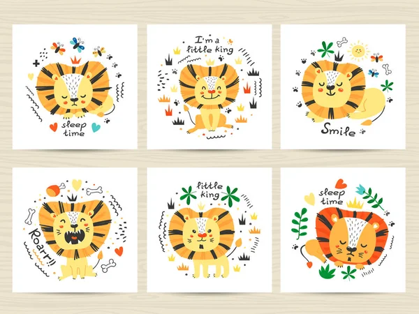 Conjunto de carteles con lindos leones y letras — Archivo Imágenes Vectoriales