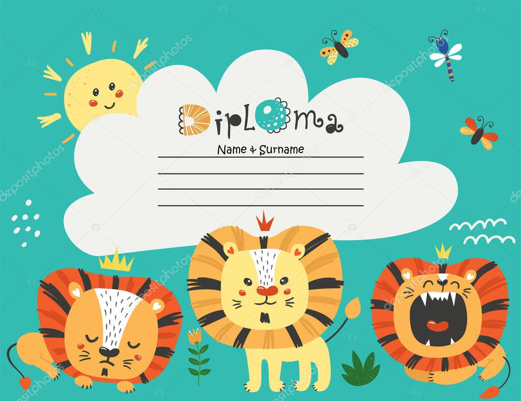 Diploma template with lions for kids