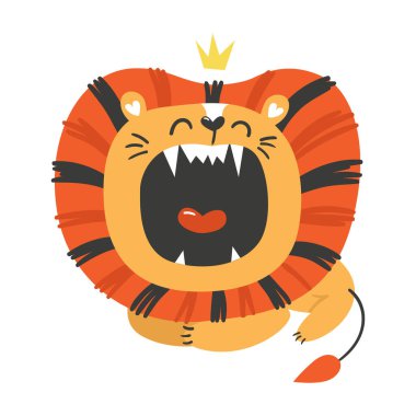 Sevimli aslan. Çocuklar için komik bir karakter. Çıkartmalar, kartlar, davetiyeler ve posterler için izole bir unsur. Çocuklar için komik bir karakter. Çıkartmalar, kartlar, davetiyeler ve posterler için izole öge