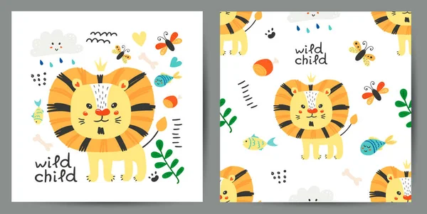 一套可爱的海报和与狮子无缝图案 生日请柬 幼儿墙艺术的儿童设计 — 图库矢量图片