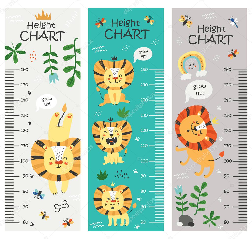 Kids height chart. Vector isolated illustration with lions