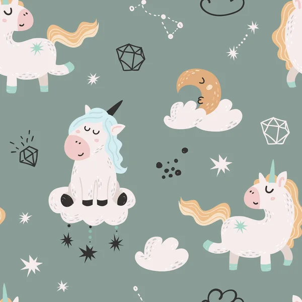 Patrón Sin Costuras Con Unicornios Mágicos Diseño Dibujos Animados Para — Vector de stock