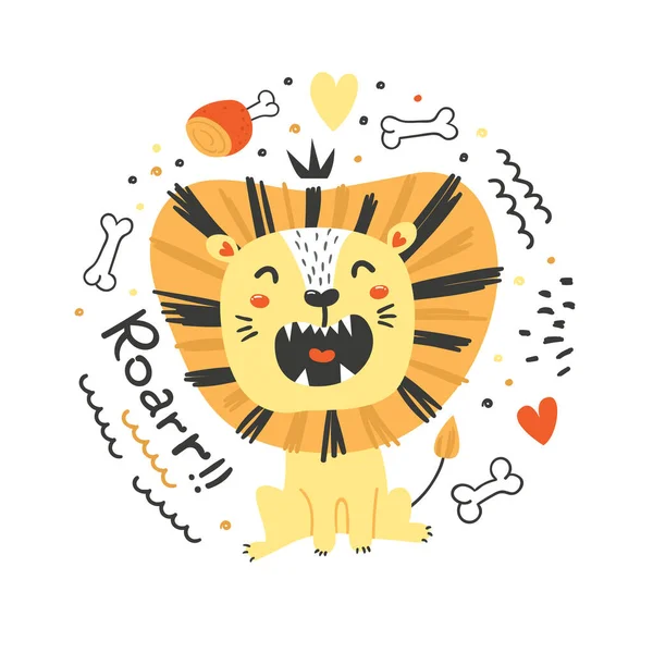 Jolie Affiche Avec Lion Drôle Personnage Pour Les Enfants Elément — Image vectorielle