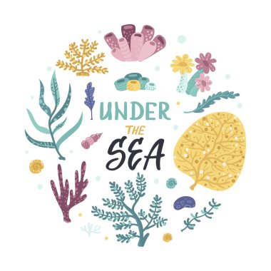 Deniz yosunlu şirin bir poster. Çıkartmalar, kartlar, davetiyeler ve posterler için izole öge