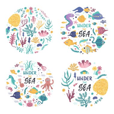 Deniz yosunları ve balıklarla dolu posterler. Çıkartmalar, kartlar, davetiyeler ve posterler için izole öge