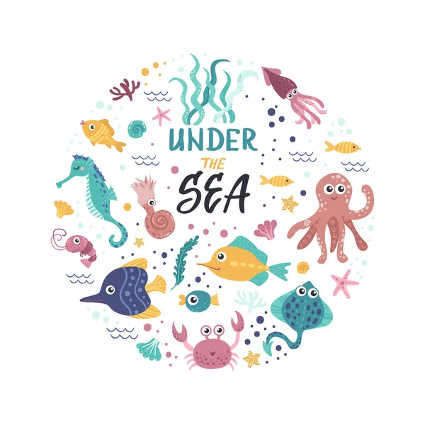 海藻や魚とかわいいポスター ステッカー カード 招待状 ポスターのための分離要素 — ストックベクタ