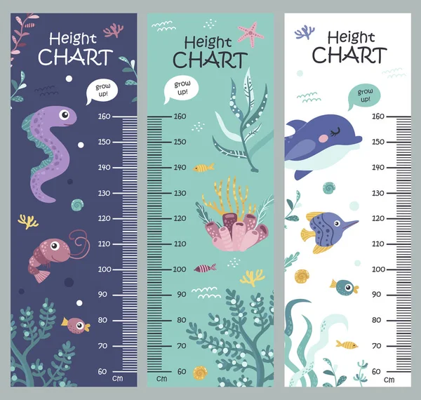 Kids Height Chart Vector Isolated Illustration Seaweed Sea Animals — Stock Vector