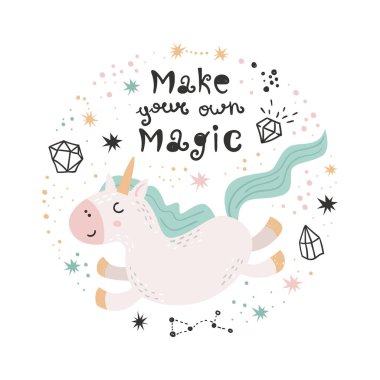 Unicorn 'lu şirin poster. Çıkartmalar, kartlar, davetiyeler ve posterler için izole öge