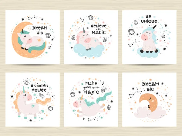 Set of posters with cute unicorns and letterings — Stock Vector