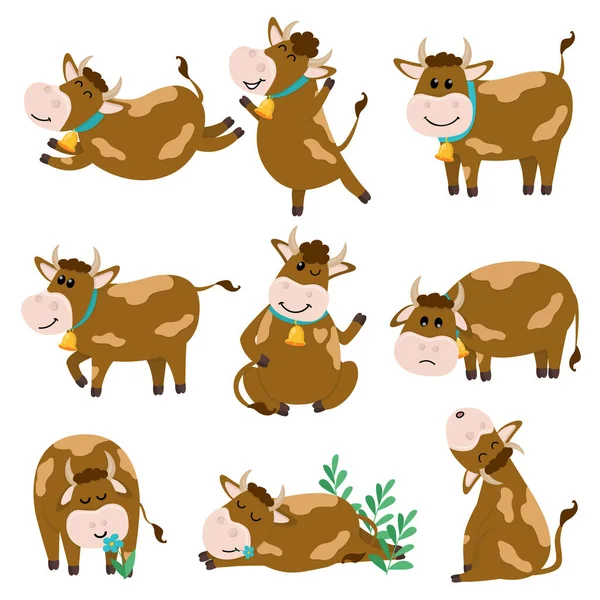 Conjunto de lindo personaje de los toros en varias posiciones — Vector de stock