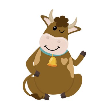 Tatlı boğa oturur ve elini sallar. Tasarımınız için vektör illüstrasyonu