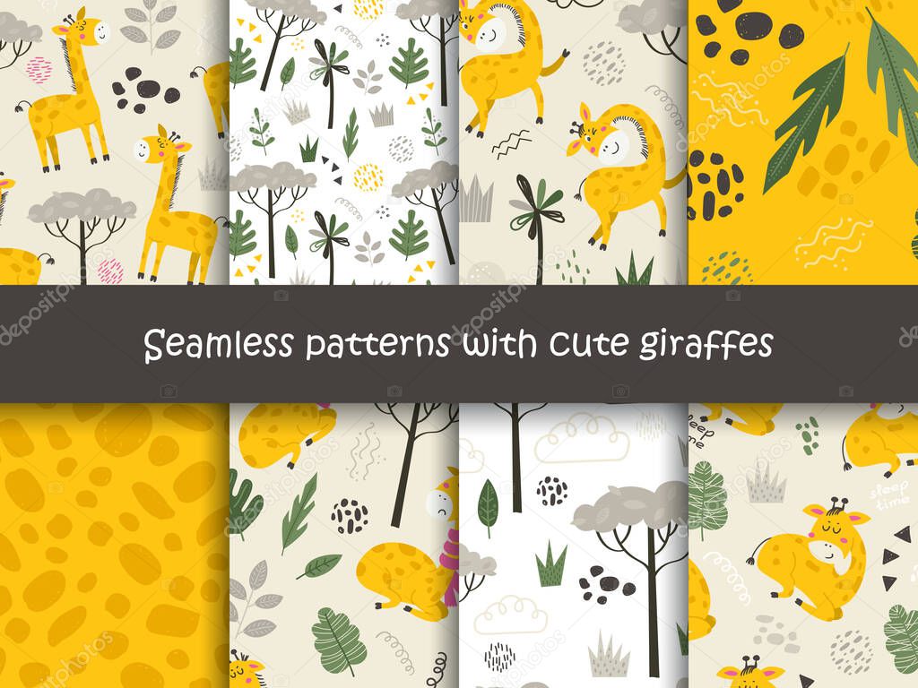 Set of seamless patterns with Giraffes and plants.
