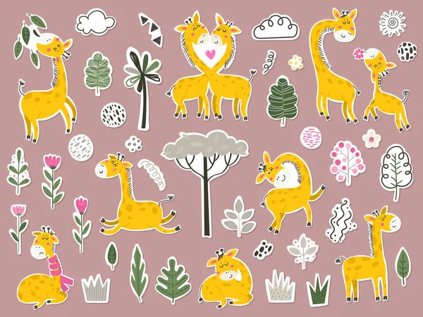 Grande Conjunto Stikers Com Girafas Itens Bonitos Desenhos Animados Pouco —  Vetores de Stock