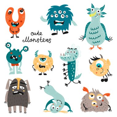 Bir grup canavar. Çıkartmalar, kartlar, davetiyeler ve posterler için izole ögeler