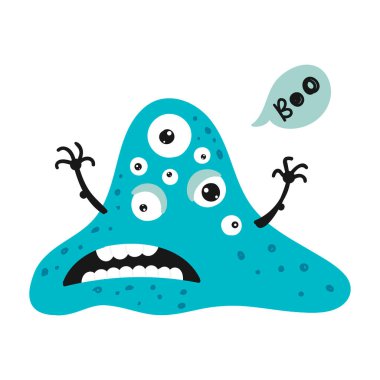 Beyaz arka planda sevimli, izole bir canavar. Doğum günü davetiyesi için çocuksu tasarım, poster, kıyafet, çocuk odası duvar resimleri ve kart..