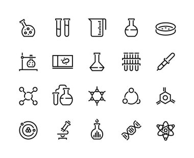 Laboratory line icons. Chemical and medical science experiment pictograms, flask tube and beaker. Vector school laboratory set clipart