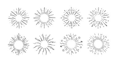 Doodle yıldız patlaması. Davetiyeler ve posterler için parlayan yıldızların el çizimi dekoratif unsurları. Vektör pop simgeleri ayarlandı