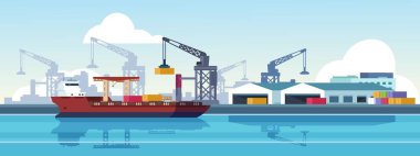 Marine port. Shipping transportation and ocean logistic flat banner, cargo ships and freight vessels. Vector maritime transportation clipart