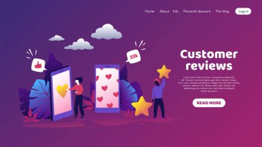 Müşteri geri bildirimi. Çizgi filmlerdeki karakterlerin ve müşterilerin tepkilerinin modası geçti. Vektör benzeri ve sosyal medya kavramı