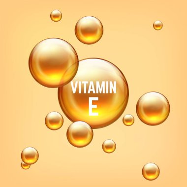 E vitamini 3D kabarcığı. Altın emülsiyon topları kolajen ya da jöle. Vektör illüstrasyonu sıvı yağ kojobası kabarcıkları izole eder