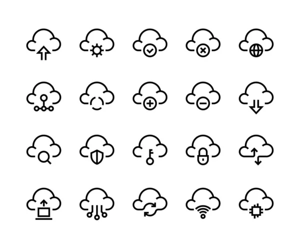 Иконки линий облачных вычислений. Сетевая передача данных, синхронизация и загрузка, интернет-платформа. Набор векторных облаков — стоковый вектор