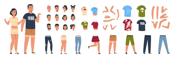 Kadın ve erkek müteahhit. Farklı kıyafetleri ve vücut parçaları olan klas karakter ve kadın animasyon kiti. Vektör kız ve erkek yüzler ve pozlar — Stok Vektör