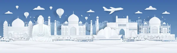 Папір розрізав Індію. Подорож знаменитими пам'ятками Індії з хмарами птахів і літаків у паперовому дизайні. Вентор з міською панорамою. — стоковий вектор