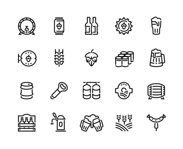 Beer line icons. Glass bottles pack kegs wooden mug and barrel, alcoholic beverages and barley hop drinks. Vector outline beer set — Stock Vector