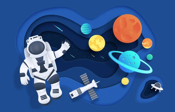 Papperskuret utrymme. Tecknad kosmonaut i öppna rymden med stjärnor raket rymdskepp planeter och moln. Vektorastronaut i kosmos — Stock vektor