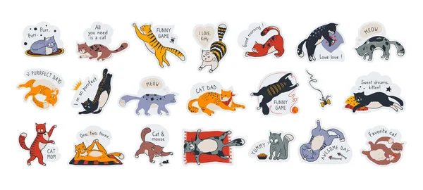 Katzenaufkleber. niedliche Tieretiketten mit Motivationszitaten, diverse handgezeichnete Comicfiguren in verschiedenen Posen. Vektor kawaii lustiges Set — Stockvektor