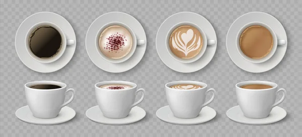 Realistische Kaffeetassen. Espresso Latte und Cappuccino Heißgetränke, 3D-Mockup-Front und Draufsicht. Vektor-Kaffeetrinken-Set — Stockvektor