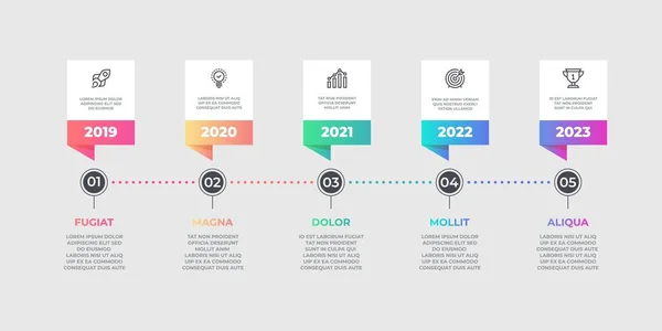 Paso elemento infográfico. Línea de tiempo de negocio diagrama de flujo, elemento gráfico de opciones. Diagrama de diseño de flujo de trabajo de líneas vectoriales — Vector de stock