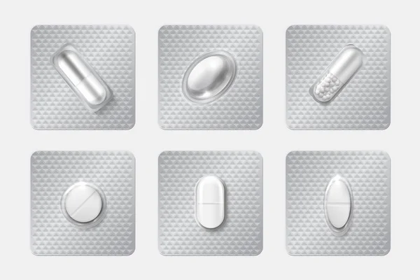 Realisztikus tabletta hólyagok beállítva. Gyógyszer kapszula és tabletta buborékcsomagolásban. 3D-s gyógyszerek és vitaminok izolált vektor mockup — Stock Vector