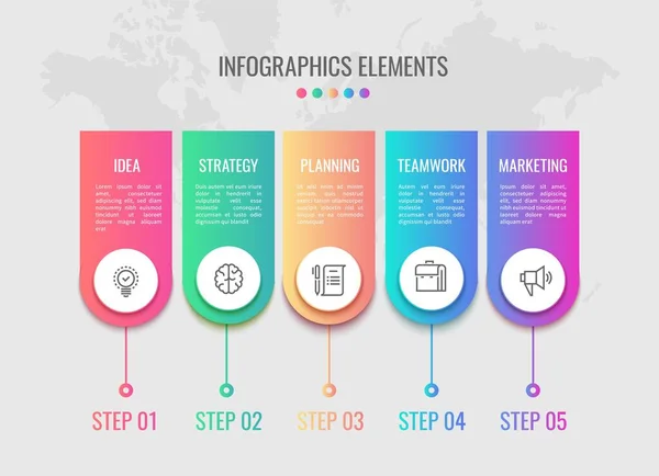 Cronología del ciclo. Línea de tiempo de elementos de infografía empresarial con flujo de trabajo de 5 pasos. Concepto de visualización del proceso. Ciclo de infografía de comercialización de la empresa vectorial — Vector de stock