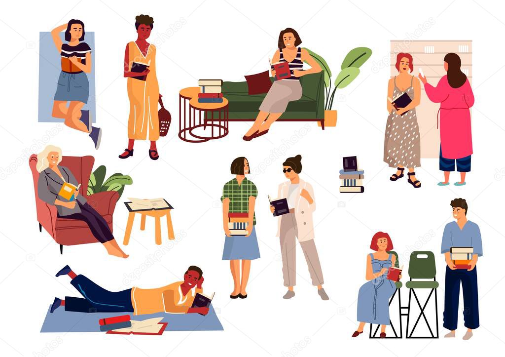 Reading people. Cartoon diverse characters reading at home and studying. Vector young men and women book lovers set