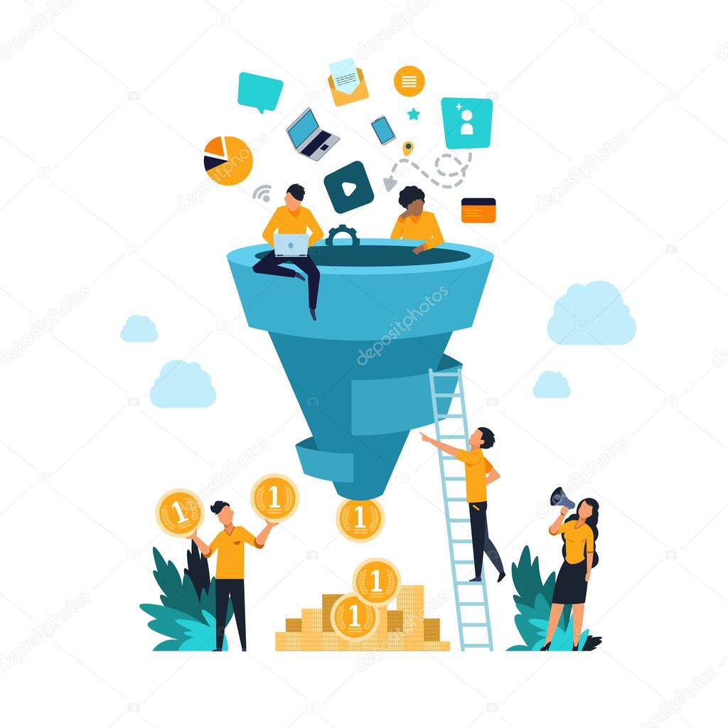Funnel leads generation. Attracting followers strategy concept with cartoon people and inbound marketing. Vector conversion rate
