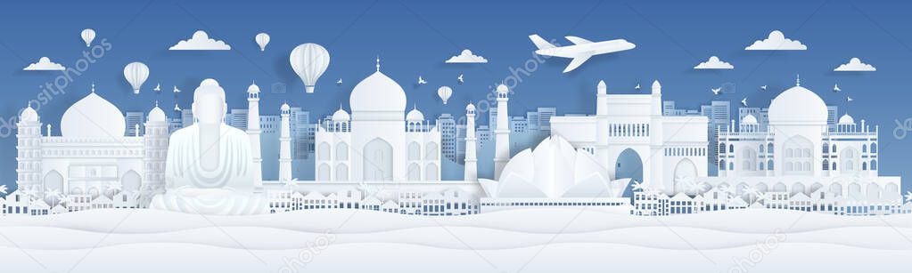 Paper cut India. Travel famous landmarks of India with clouds birds and plane in paper design. Vector banner with city panorama