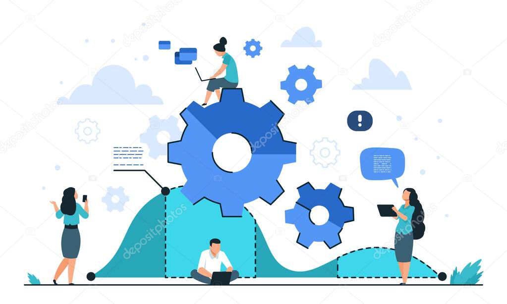 Cogwheel business concept. Teamwork and people organization, gear mechanism illustration. Vector strategy and cooperation